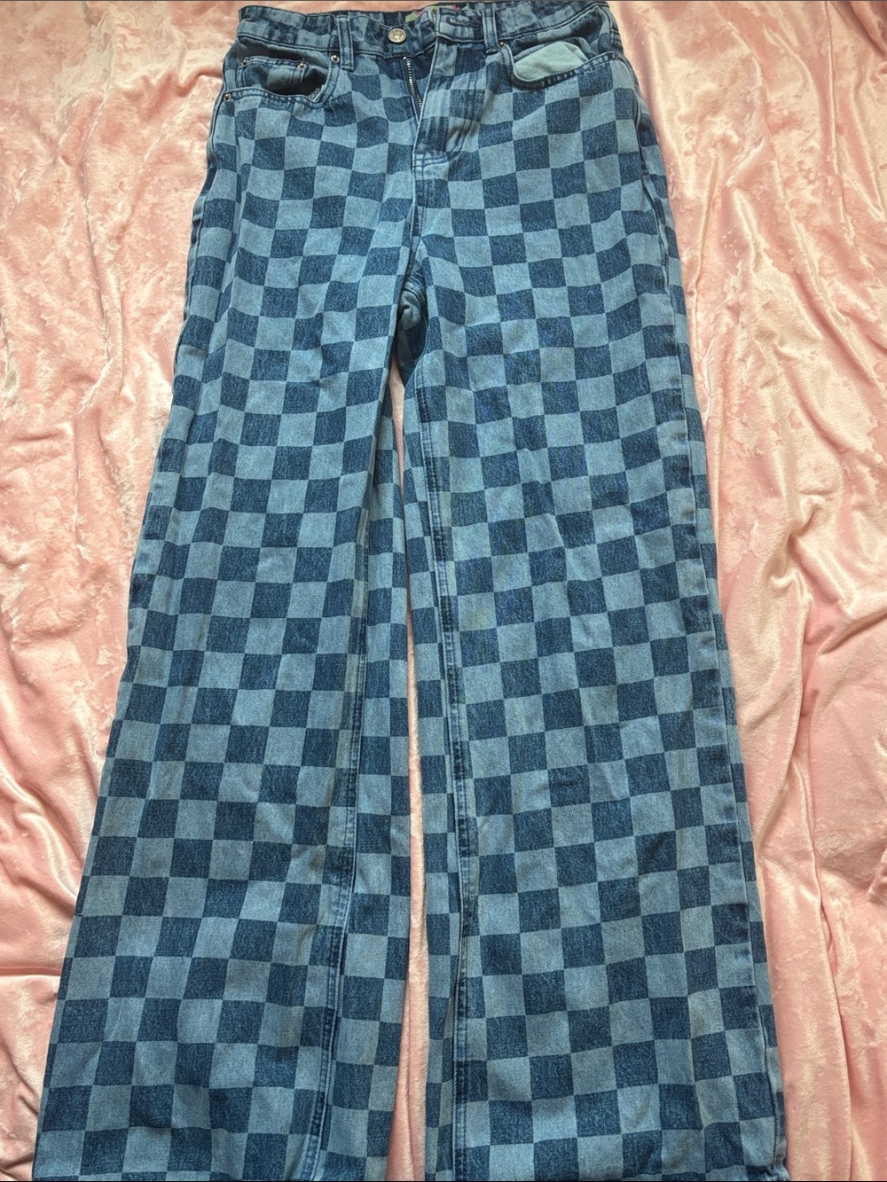 Twik Simons Checkerboard Blue Wide-Leg Jeans - Picture 2 of 7